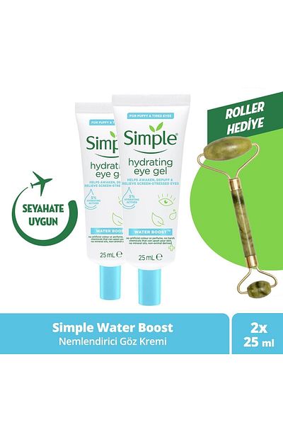 Simple Water Boost Moisturizing Eye Cream Vegan Effective for Tired and Skewer Eyes 25 Ml X2 + Roller