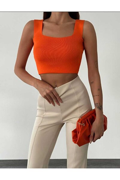 Oyer Moda Γυναικείο πλεκτό Crop Top με πορτοκαλί τετράγωνο γιακά