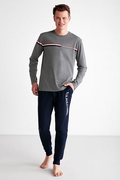 U.S. Polo Assn. Ανδρικό σετ πιτζάμες με μακρύ μανσέτα με στρογγυλή λαιμόκοψη, εποχιακό χτενισμένο βαμβακερό σετ