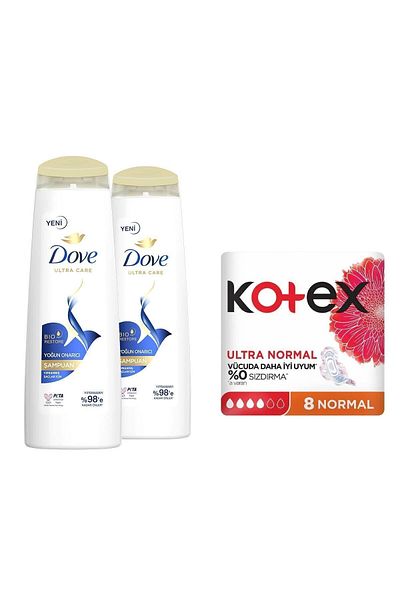 Dove Ultra Care Hair Care - Intensive Repair 400ml X2, Kotex Pad, Ultra Normal 8 Pack