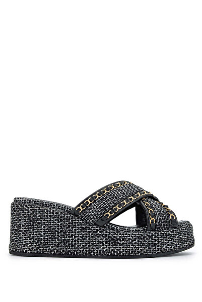 Tamer Tanca Μαύρες ψάθινες γυναικείες παντόφλες με τακούνι