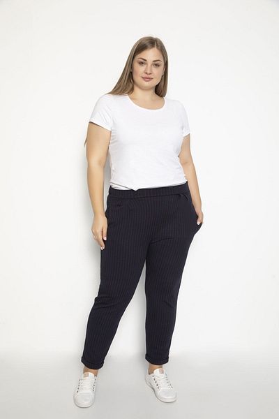 VISHENKA Jacquard Colored Lycra Large Size Women's Trousers - Navy Blue with Red Stripes
