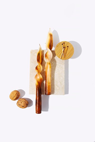 Gizemli Home 2li Set Kahverengi Ebru Boyama Burgulu Şamdan Mumu