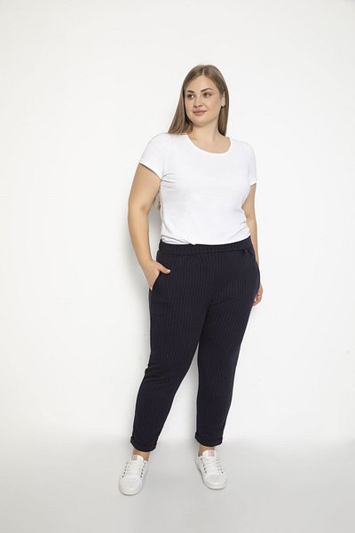 VISHENKA Jacquard Colored Lycra Large Size Women's Trousers - Navy Blue with Red Stripes