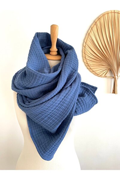 LeBohas Denim Blue Cotton Scarf Shawl Natural 4-layer Muslin