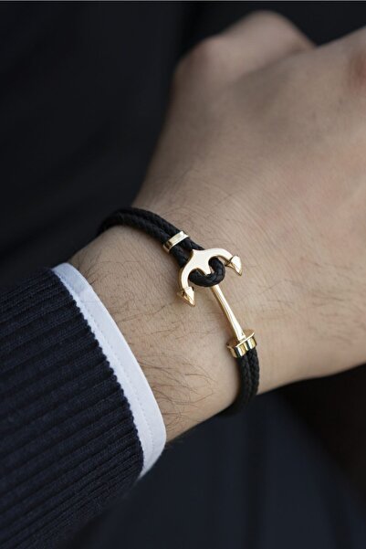 Uşaklıhafız 1945 Siyah Kordonlu Taşsız Çapa Model ve 14 Ayar Altın Erkek Bilekliği