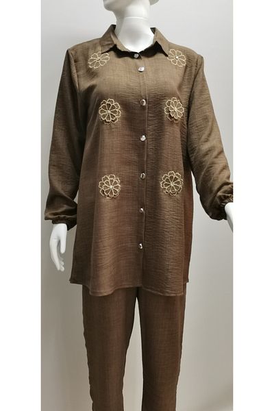 B.HE.Z Ayrobin Linen Tunic - Shirt Collar, Daisy Pattern, Long Sleeve Set