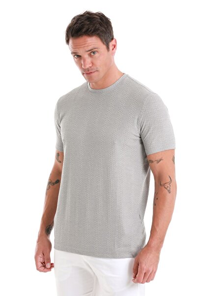 Hatemoğlu Gray Jacquard Regular Fit Crew Neck T-Shirt