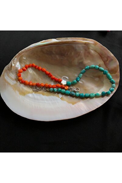 Cherry Boom Turuncu Ve Turkuaz Mercan Çiçek Sedef Uçlu Doğal Taş Kolye