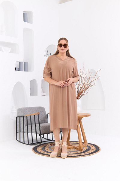RMG Plus Size Mink Casual Dress - Collar and Sleeve Embroidery Detail