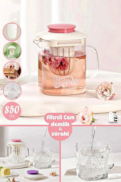 Madamev 850 Ml Heat Resistant Borosilicate Filtered Herbal Tea Strainer Glass Teapot and Jug with Handle