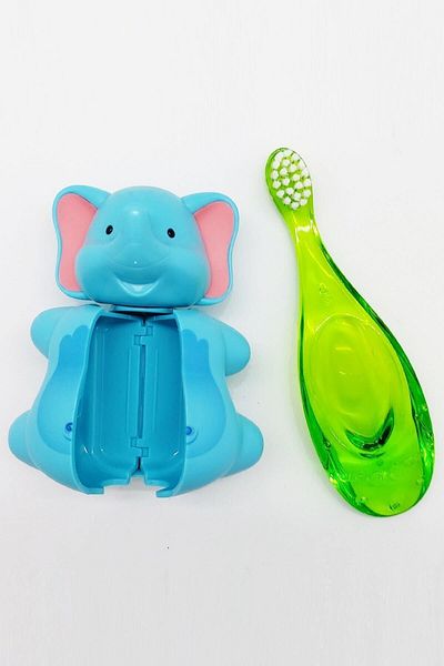 R.O.C.S. 0-3 Years Baby Hygienic Set - Toothbrush, Flipper and Storage Container - Brush with Green Elephant Figure