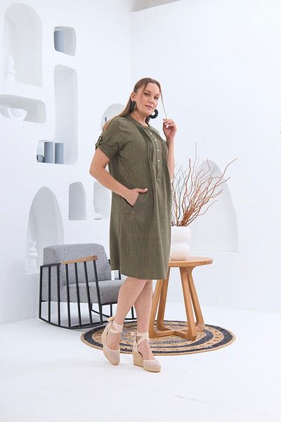 RMG Plus Size Collar Pleated Khaki Dress