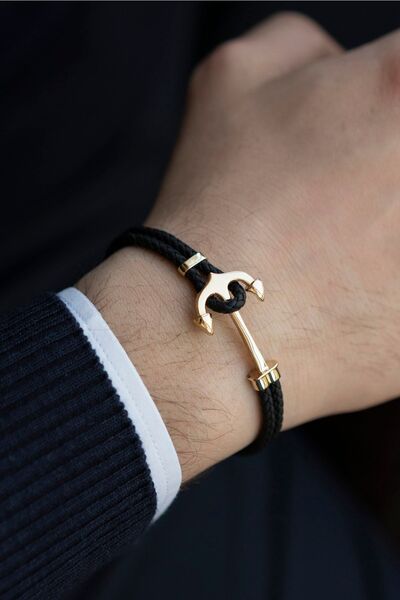 Cenova Kuyumculuk Siyah Kordonlu Taşsız Çapa Model Ve 14 Ayar Altın Erkek Bil...