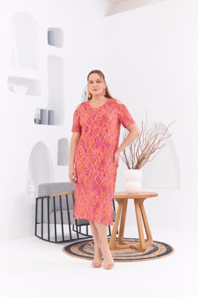 RMG Omuz Detaylı Büyük Beden Desenli Oranj Elbise