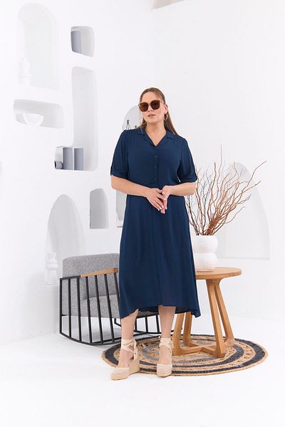 RMG Navy Blue Viscose Plus Size Dress - Sleeve Slit Detail