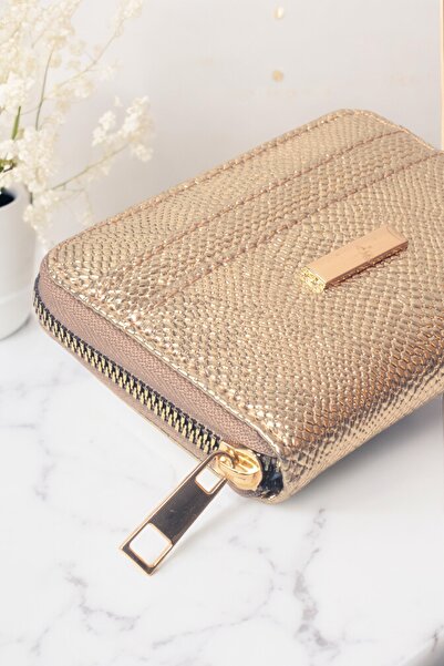 Genel Markalar Kadın Mini Lame Fermuarlı Önden Kartlıklı Gold Cüzdan Kartlık Aksesuar