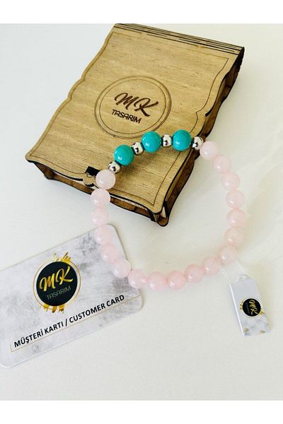 MK tasarım REAL PINK QUARTZ AND TURQUOISE STONE BRACELET| IN SPECIAL BOX| CUSTOMER WITH CARD MK.003.010