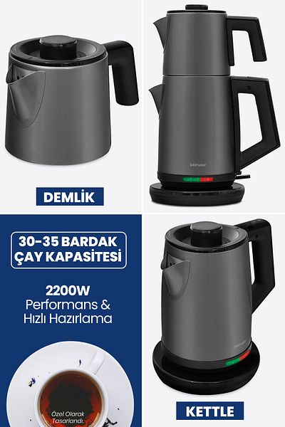 GOLDMASTER Anthracite İncedem - Non-Drip Mouth Steel Tea Maker and Kettle In-6306An