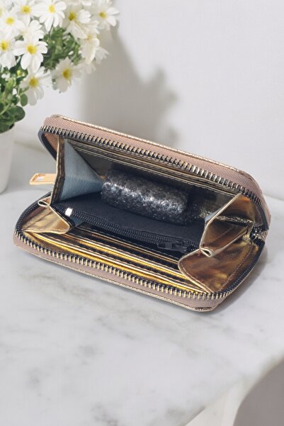 Genel Markalar Kadın Mini Lame Fermuarlı Önden Kartlıklı Gold Cüzdan Kartlık Aksesuar