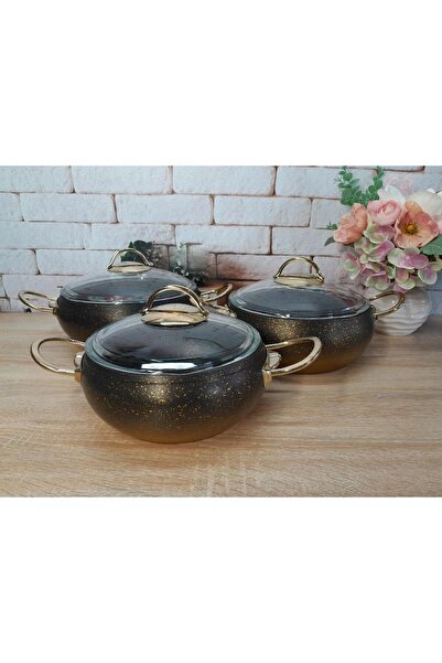 OMS 3-Piece Granite Casserole Set - Copper Mini Pot Set with Glass Lid