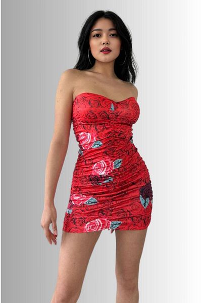 lovebox Red Strapless Mini Dress - Flexible Fabric, Floral Print, Drape Design OP-002