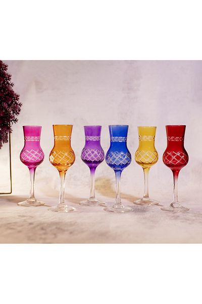 sudeka 6 Pieces Colorful Crystal Cut - Coffee Side Glass Set
