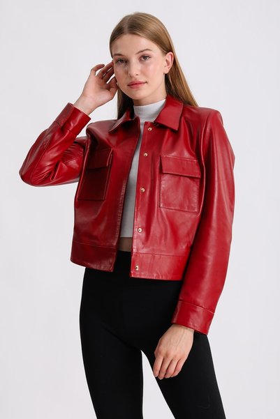 Deri Effect Shirt Collar Red Leather Coat