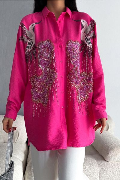 FEMELLE Cămașă oversize pentru damă cu broderie fucsia și cu paiete - Mărime standard