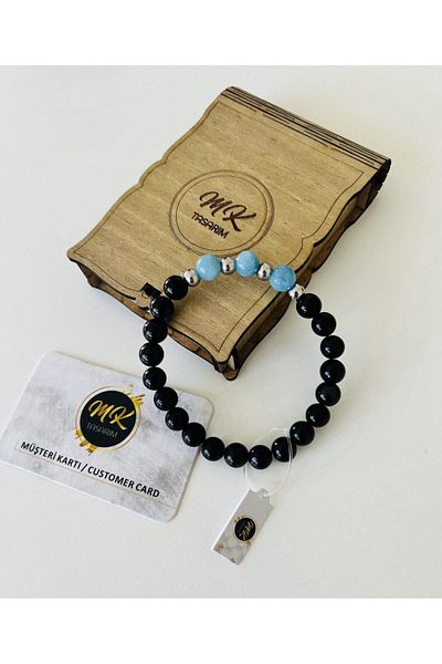 MK tasarım REAL BLACK AGATE - BLUE QUARTZ STONE BRACELET| IN SPECIAL BOX