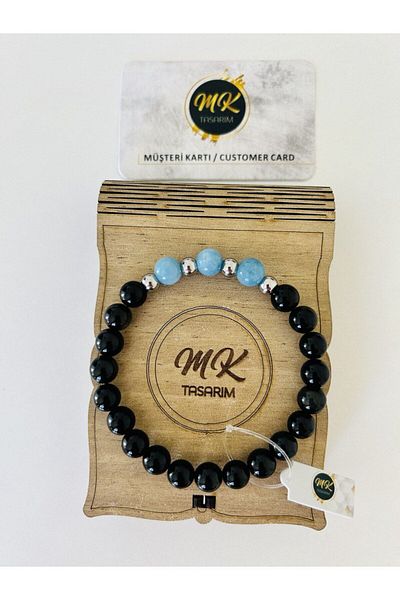 MK tasarım REAL BLACK AGATE - BLUE QUARTZ STONE BRACELET| IN SPECIAL BOX