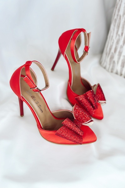 Nil Shoes Haydie Kırmızı Saten Fiyonk Taşlı Topuklu Ayakkabı