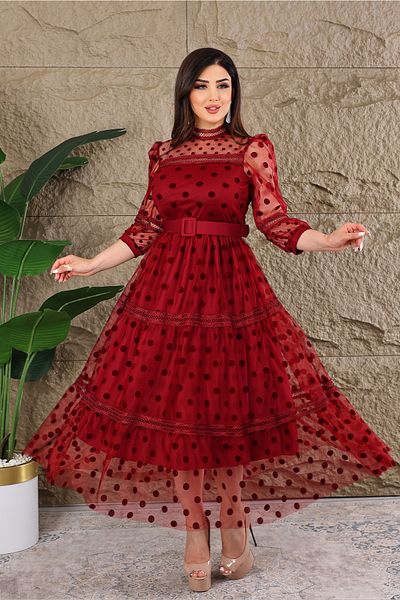 Matik Abiyem Tulle Belted Polka Dot Design Dress