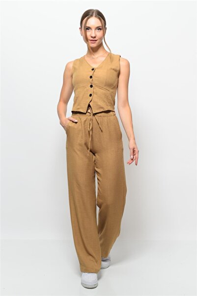 Nuseel Women's Linen Fabric Vest Double Set Mink