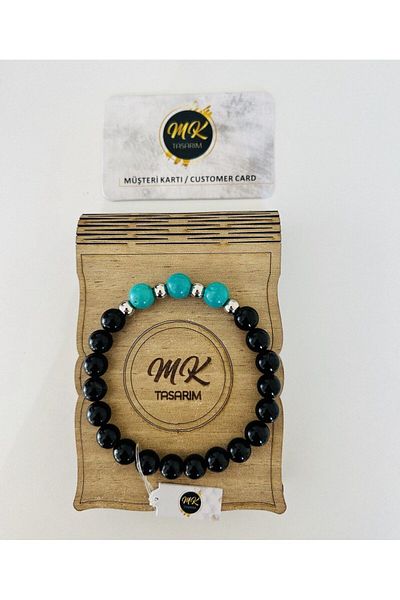 MK tasarım REAL BLACK AGATE - TURQUOISE STONE BRACELET| IN SPECIAL BOX| CUSTOMER WITH CARD MK.400.3