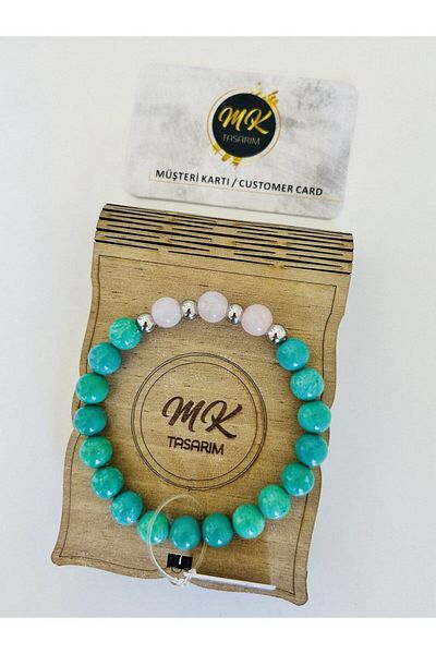 MK tasarım REAL TURQUOISE - PINK QUARTZ STONE BRACELET| IN SPECIAL BOX| CUSTOMER WITH CARD