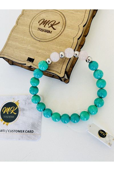 MK tasarım REAL TURQUOISE - PINK QUARTZ STONE BRACELET| IN SPECIAL BOX| CUSTOMER WITH CARD