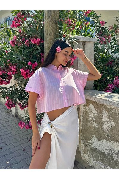 minaaise Cămașă oversize din bumbac cu dungi roz și alb - mânecă scurtă 27312
