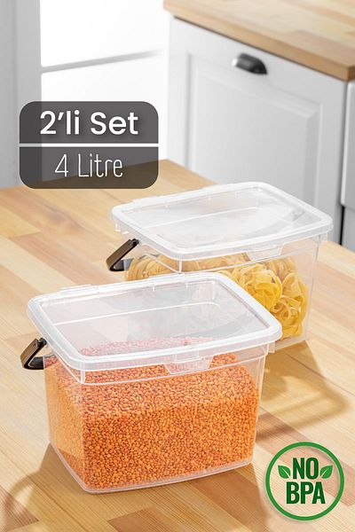 Vienev 4 Liter Mega Size 2-Piece Square Flour Pulses Container - Storage Box Container with Handle White