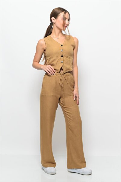 Nuseel Women's Linen Fabric Vest Double Set Mink