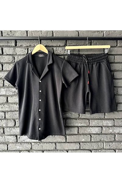 tetramoda Waffle Patterned Black Short Sleeve Shirt and Shorts Set