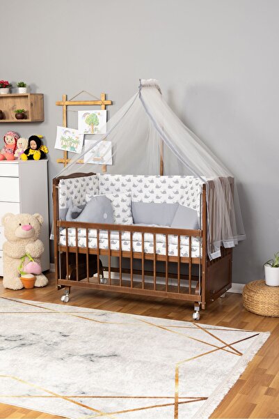 Bamgidoo Doğal Ahşap Anne Yanı Bebek Beşik Ceviz 60x120 - Gri Balina Uyku Set...