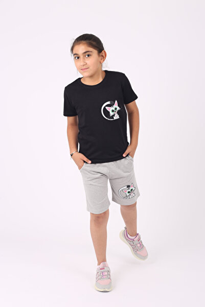 Çiggo Kids Girl's Cat Printed Crew Neck 100% Cotton Set - Bottom-top Set