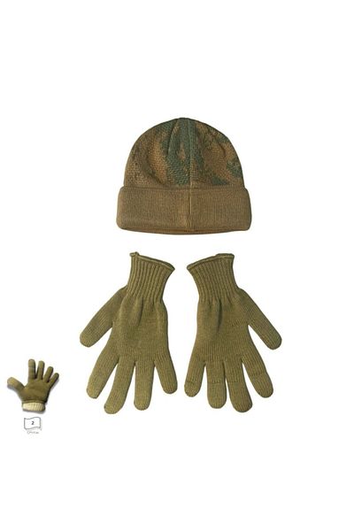 Motiva Autumn Winter Knitwear Knit Desert Yellow Gloves and Camouflage Beanie Full Snow Mask 2 in 1 Set