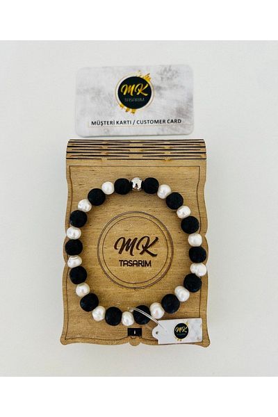 MK tasarım Real Pearl - Real Lava Stone Bracelet| Mktasarim in Special Box|