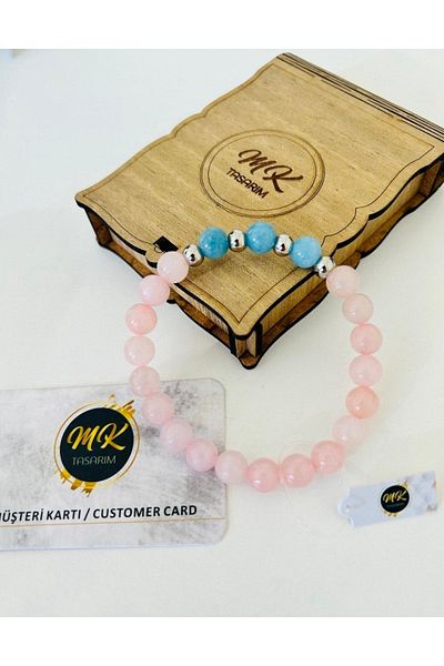 MK tasarım Real Pink-blue Quartz Stone Bracelet| Mktasarim in Special Box| Mktasarım Customer Card