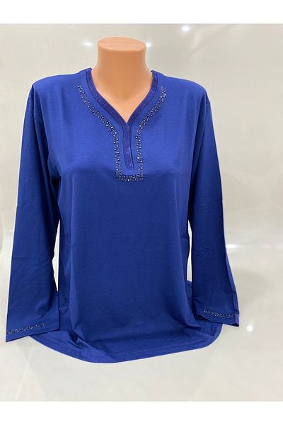 BURSPA Bluză albastră pentru mamă cu broderie de piatră pe guler și mâneci