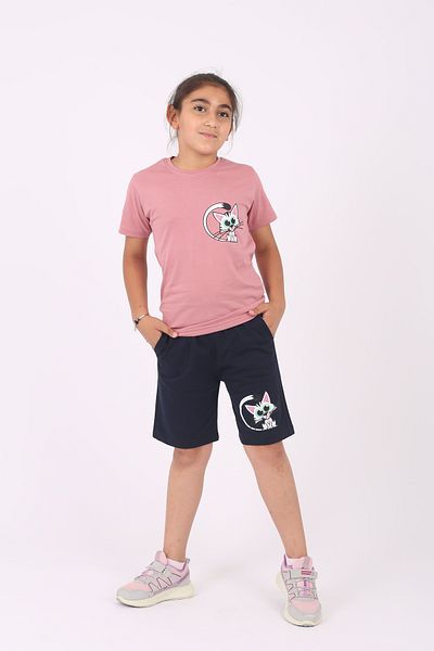 Çiggo Kids Set de top și fund din bumbac pentru fete - imprimeu pisică, gât crew