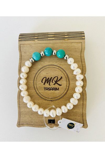 MK tasarım Real Pearl Real Turquoise Bracelet| Mktasarim in Special Box| Mktasarım Custom Customer Card