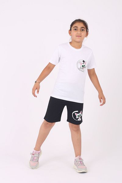 Çiggo Kids Κοριτσίστικο γάτα με στάμπα Crew Neck 100% Cotton Σετ - Σετ κάτω-πάνω